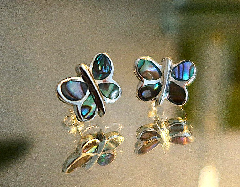 Boucles d'oreilles Papillons en argent 925 et nacre d'Abalone - NEW