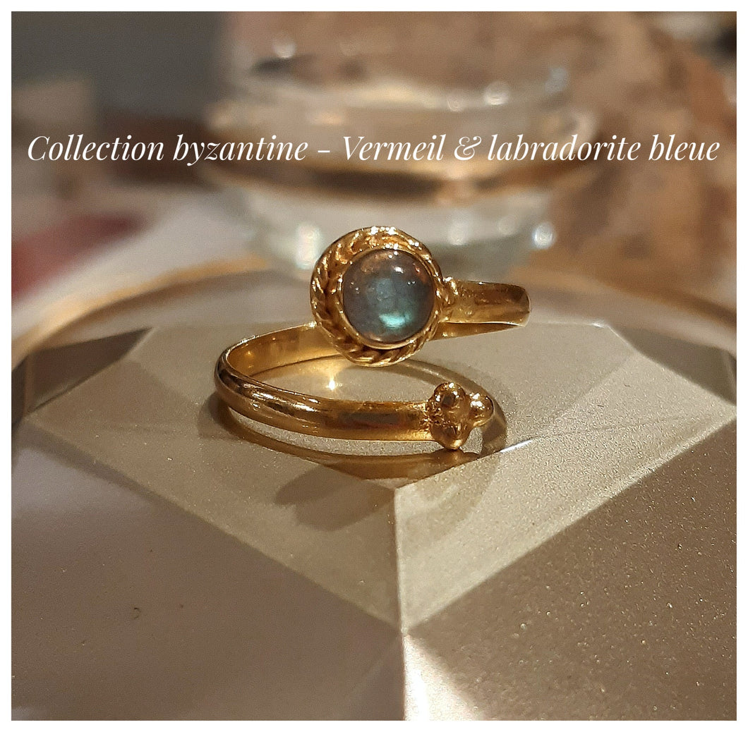 Bague byzantine serpent en vermeil avec labradorite ronde - Taille adaptable!