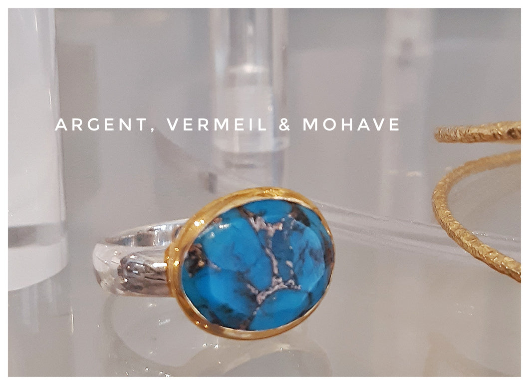 Très belle bague en argent & or sertie d'un très beau cabochon de Mohave - NEW