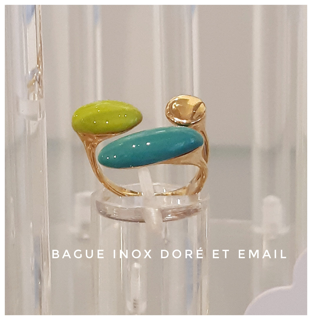 Bague pétillante & moderne en inox doré - émail vert anis & turquoise - NEW
