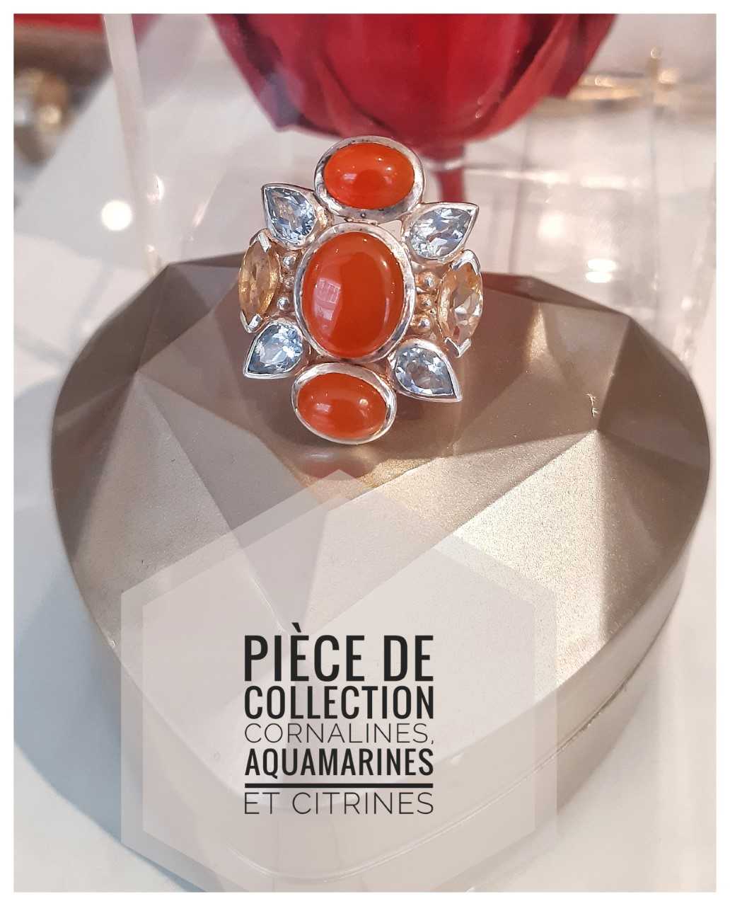 Splendide bague de collection en argent, Cornalines, aquamarines & citrines