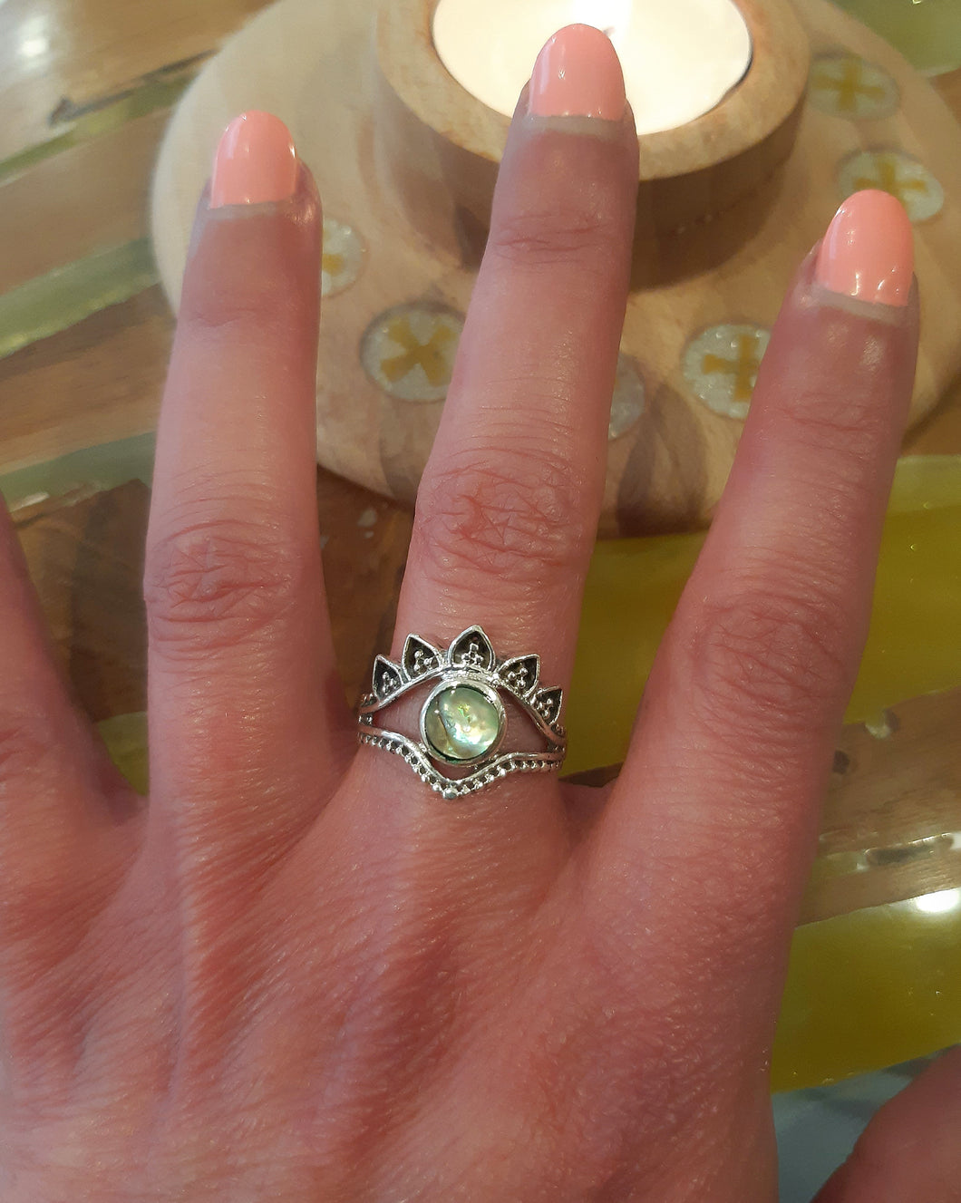 Très belle bague elfique à crête en argent et nacre d'abalone - NEW