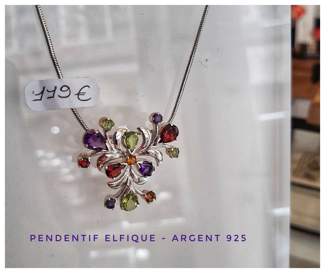 Pendentif elfique floral -  argent, améthystes, grenats, topaze kiwi - NEW 2023