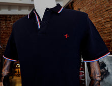 Polo bleu marine col bleu-blanc-rouge - Croix des Templiers brodée