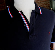 Polo bleu marine col bleu-blanc-rouge - Croix des Templiers brodée