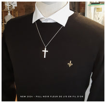 Pull noir col rond avec Fleur de Lys brodée de fil d'or - Made in Italy - NEW