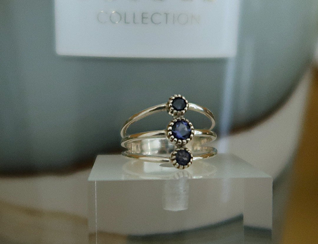 Bague élégante à 3 branches - argent & iolites, pierre des Vikings - NEW