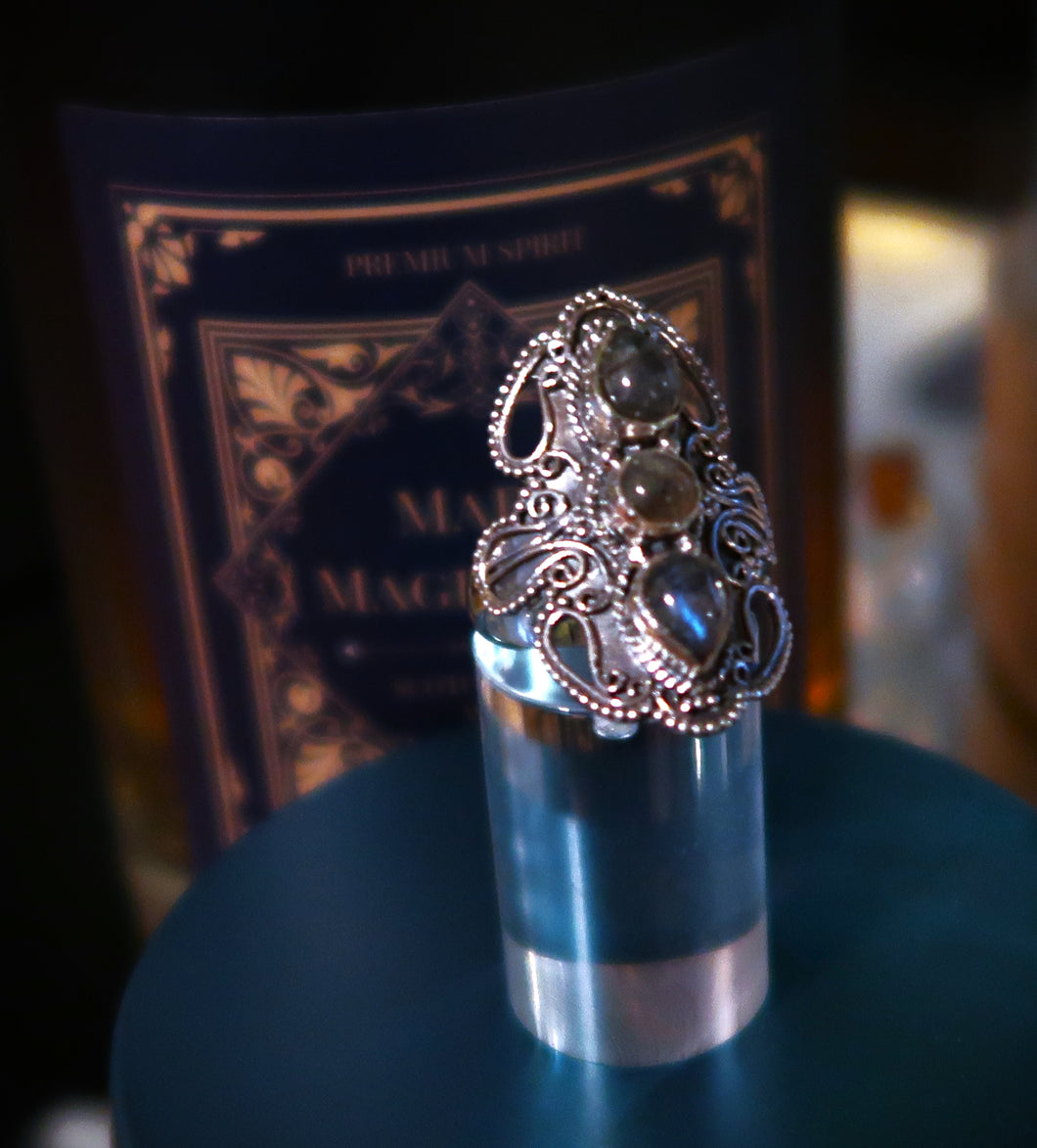 Superbe bague en argent, 3 labradorites bleues - Collection Elfique