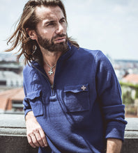 PULL COL ZIPPE BLEU ROI ET GRIS- 80% LAINE 20% CACHEMIRE