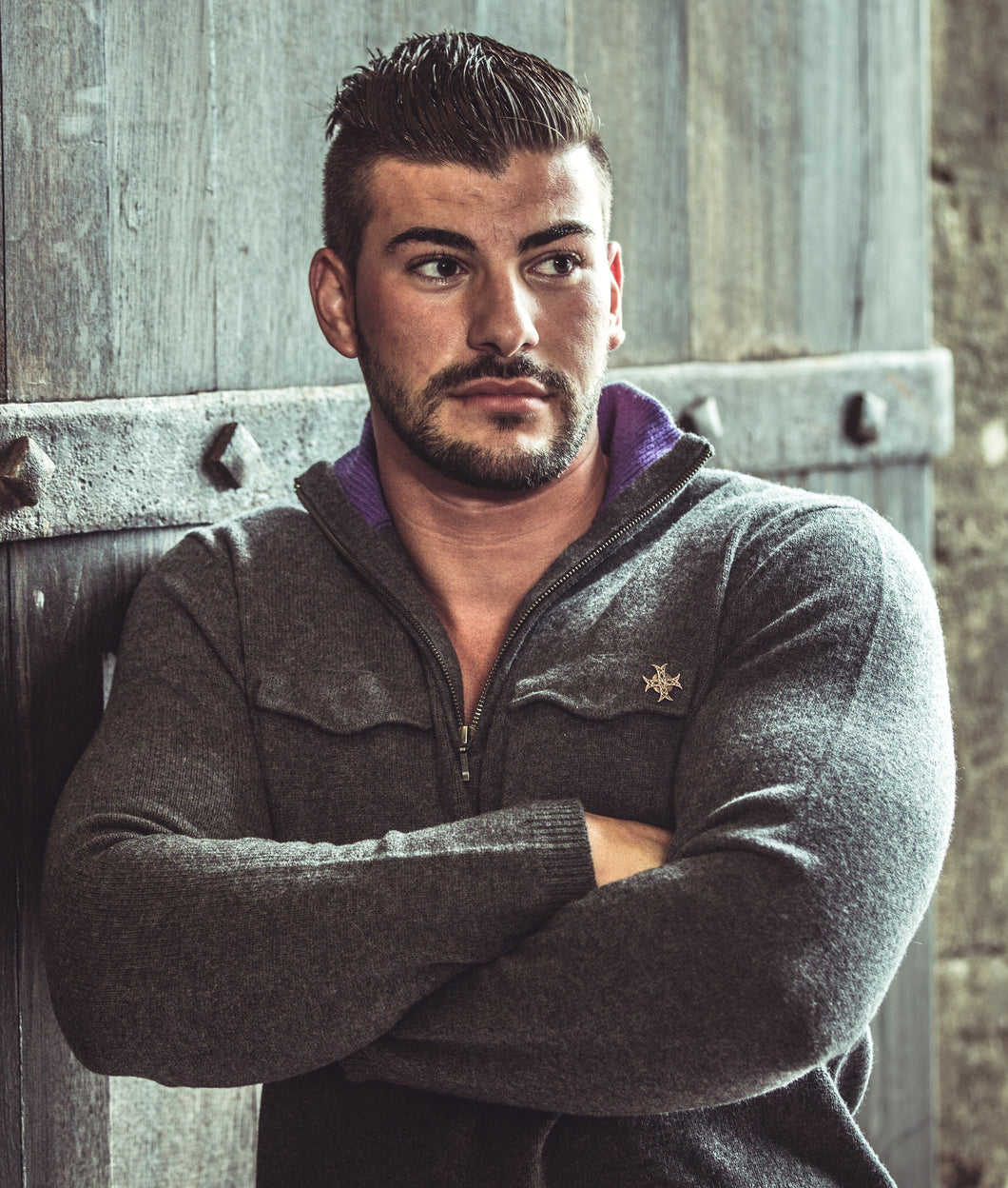 PULL COL ZIPPE GRIS ET VIOLET - 80% LAINE 20% CACHEMIRE