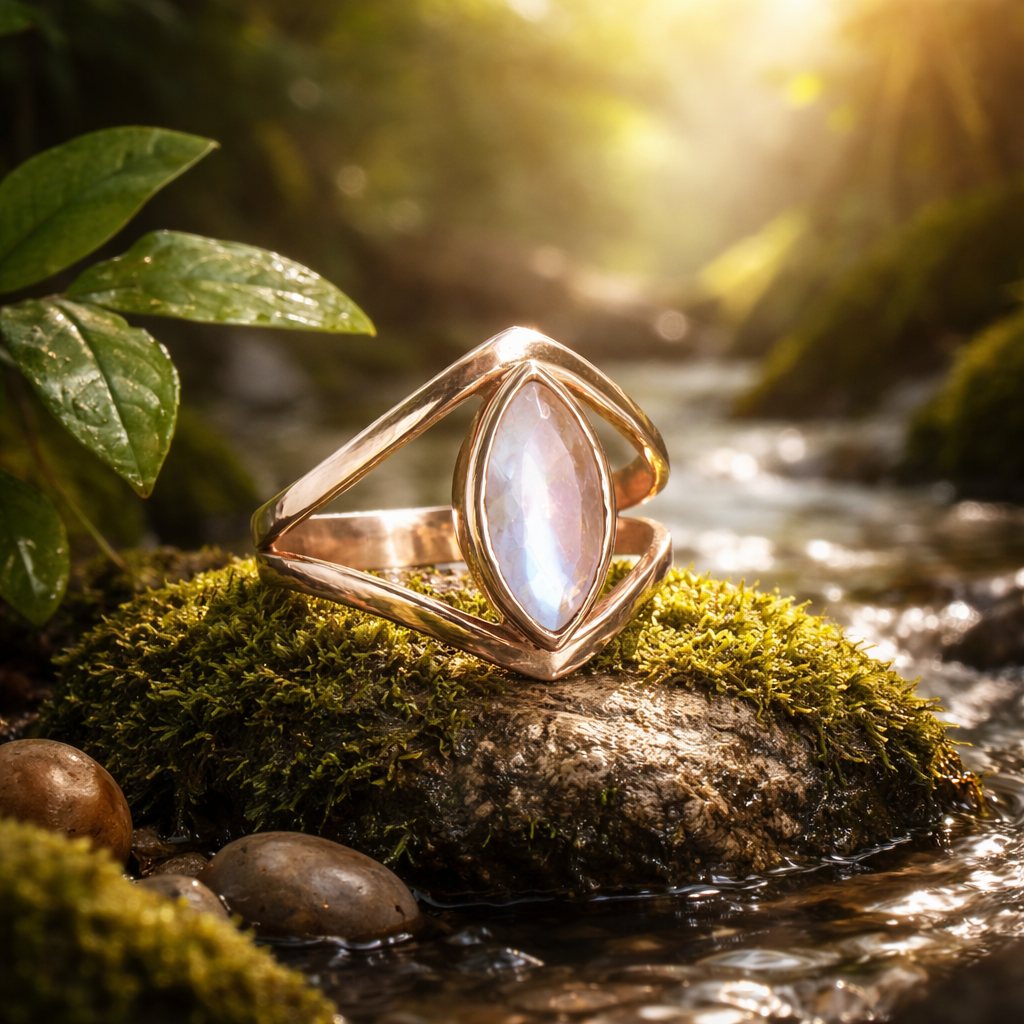 Bague en argent ajourée avec pierre de lune arc-en-ciel  - NEW