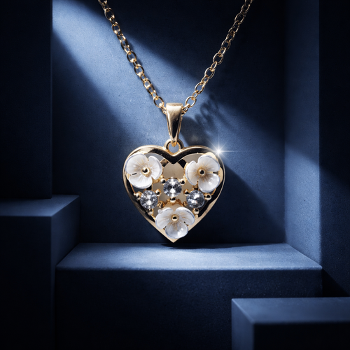 Chaine & pendentif cœur en inox doré avec zircons & fleurs en nacre - NEW