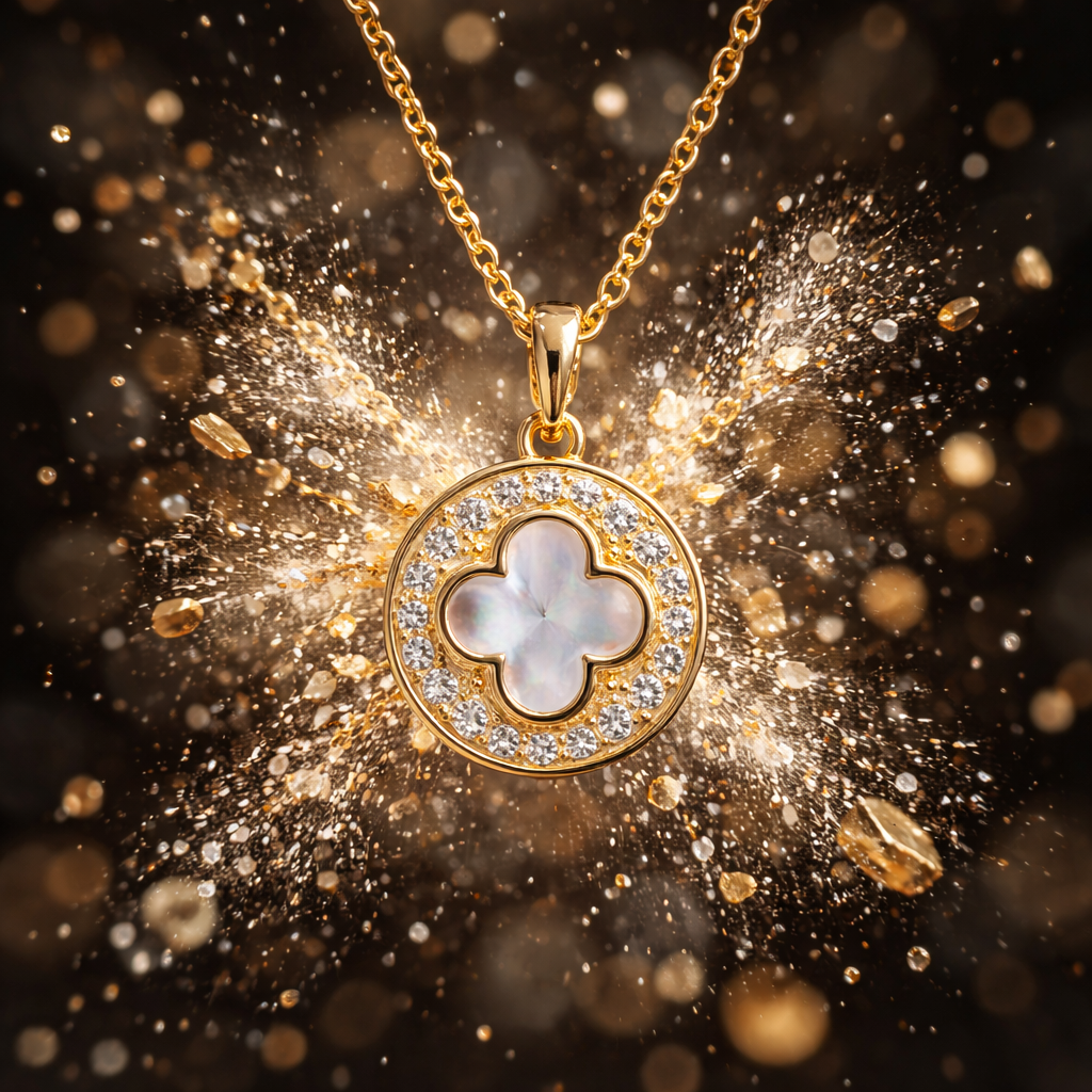Vendu - Chaine & pendentif trèfle porte-bonheur -  inox doré avec zircons & nacre - NEW