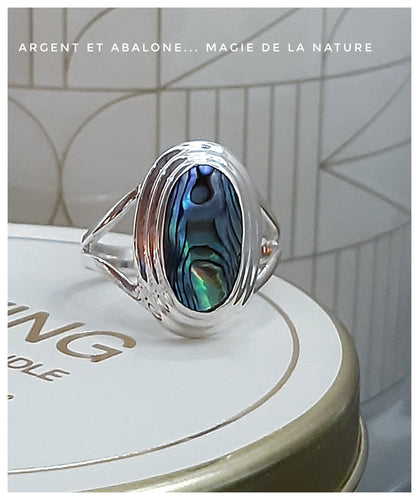 Bague hypnotique en argent et nacre d'abalone