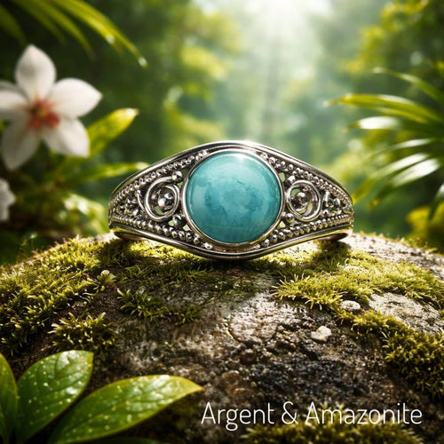 Bague raffinée en argent 925 & Amazonite d'Afrique du Sud - Taille 60 - NEW