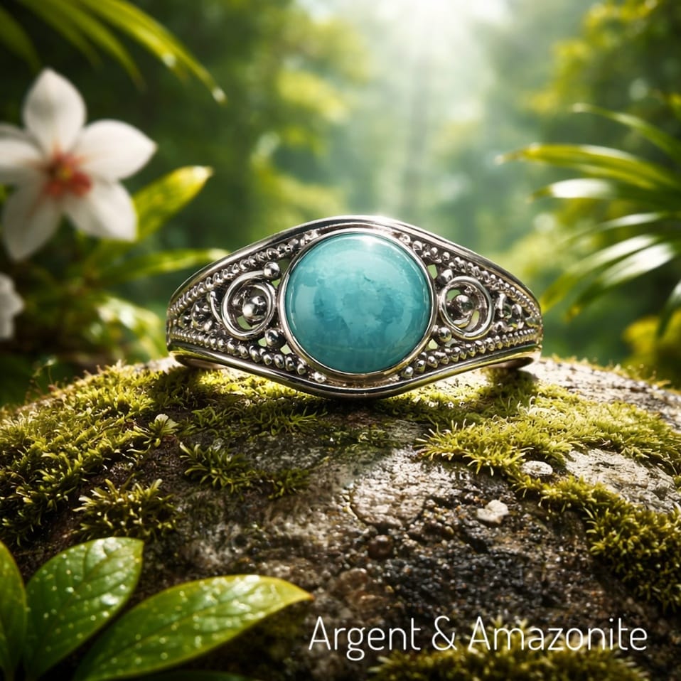 Bague raffinée en argent 925 & Amazonite d'Afrique du Sud - Taille 60 - NEW