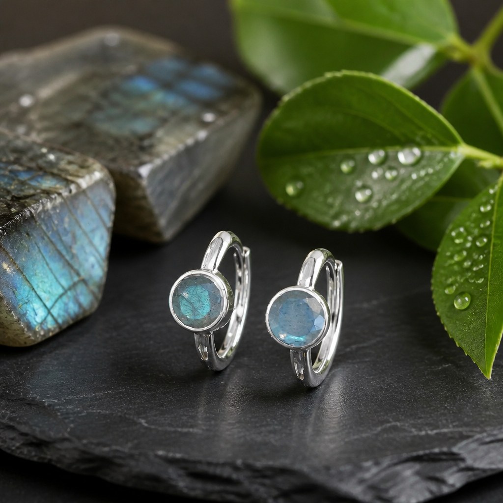 Boucles d'oreilles anneaux en argent & labradorites bleu-vert - NEW