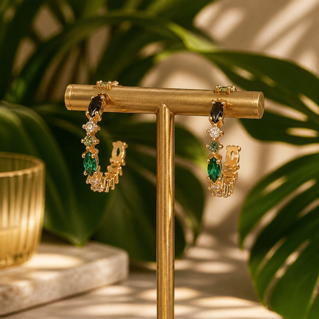 Précieux anneaux en vermeil sertis de péridots, onyx et cristal de roche