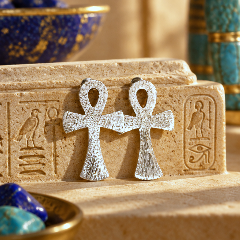 Boucles d'Oreilles Ankh en Argent 925 Brossé – Inspiration Égypte Ancienne