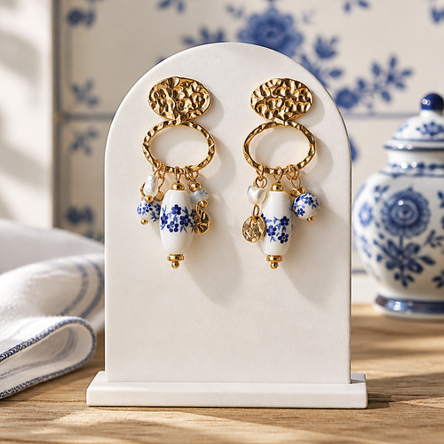 Boucles d'oreilles Delft en inox doré & porcelaine - NEW
