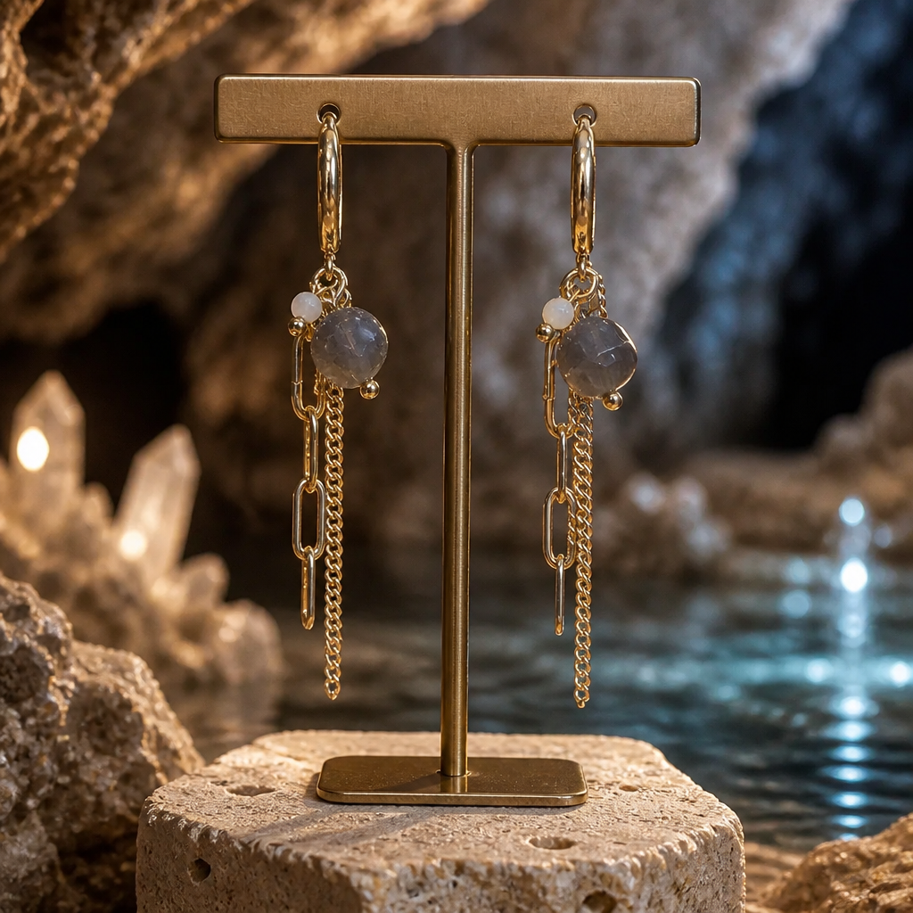 Boucles d'oreilles chaînettes en inox doré & Labradorites - NEW
