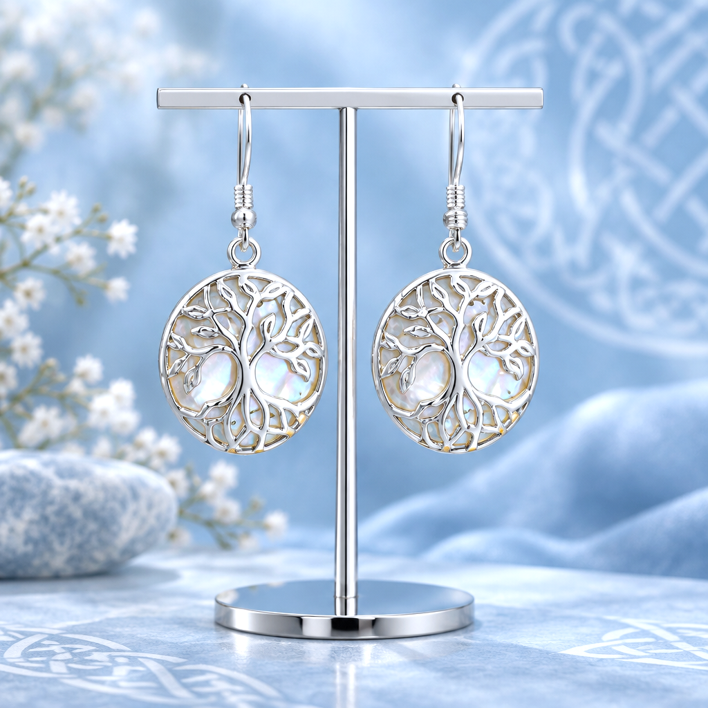 Boucles d'Oreilles Arbre de Vie – Argent et Nacre Blanche