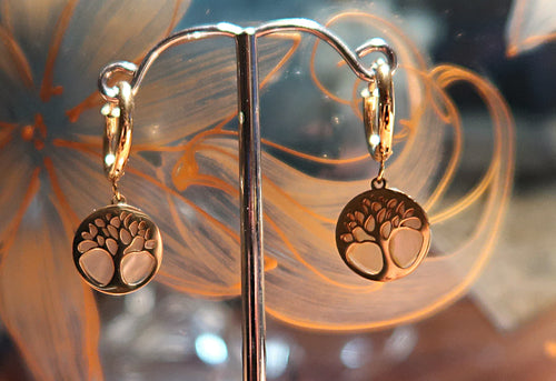 Boucles d'oreilles en inox doré & nacre blanche Arbre de vie - NEW
