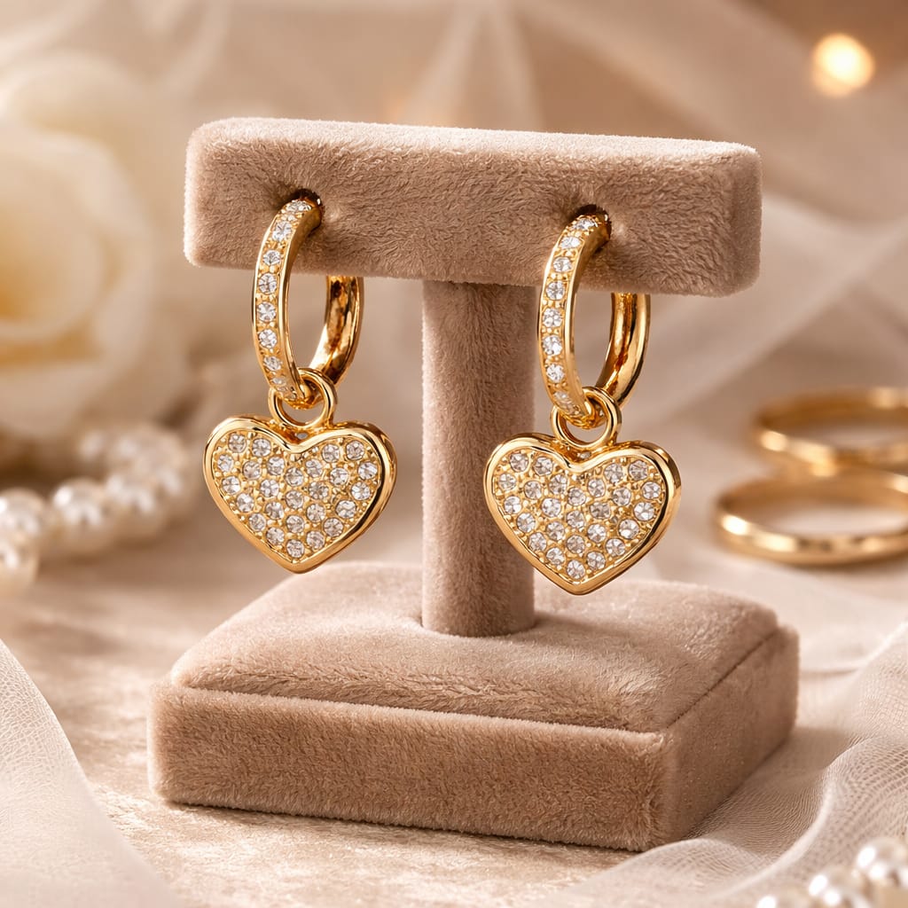 Boucles d'oreilles Cœurs en inox doré & cristaux très brillants - NEW