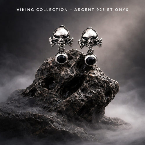 Boucles d'oreilles Skulls en argent 925 & onyx noirs - Gamme Viking - NEW