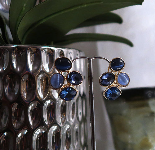 Boucles d'oreilles avec  cristaux & oeil de chat  - très beau dégradé de bleus - NEW