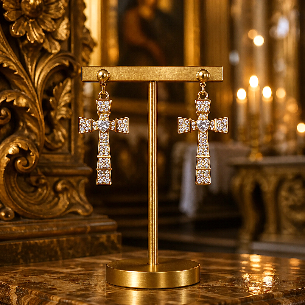 Boucles d'oreilles Croix Baroques - Inox doré et cristaux autrichiens