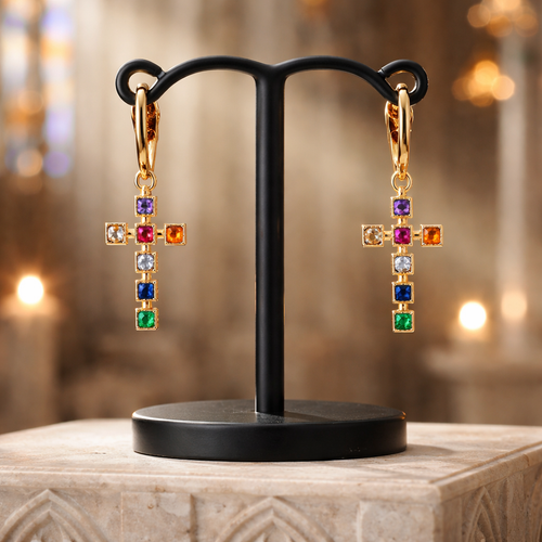 Boucles d'oreilles Croix en inox doré & cristaux colorés - NEW