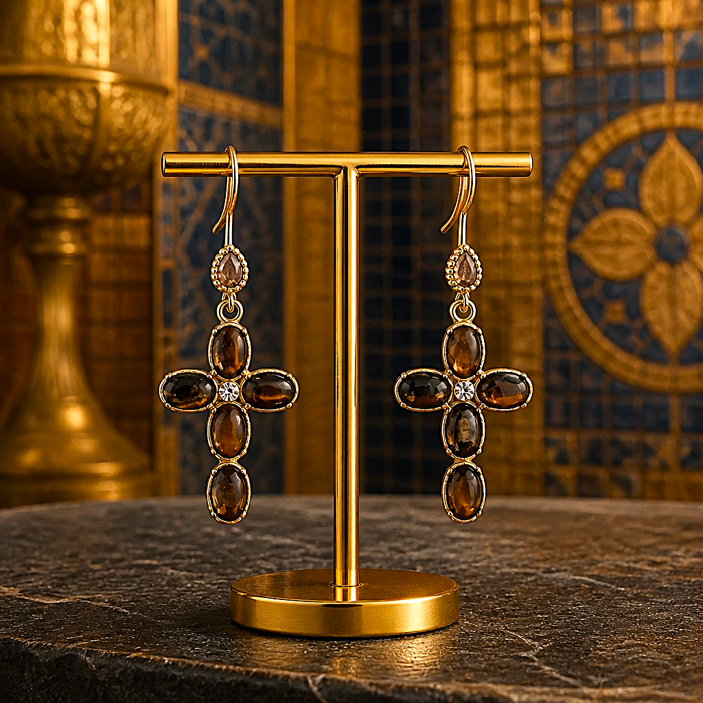 Boucles d'Oreilles Croix Baroques – inox Doré & Effet Œil de Tigre
