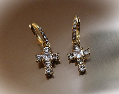 Boucles d'oreilles - Croix en inox doré avec cristaux très brillants - NEW