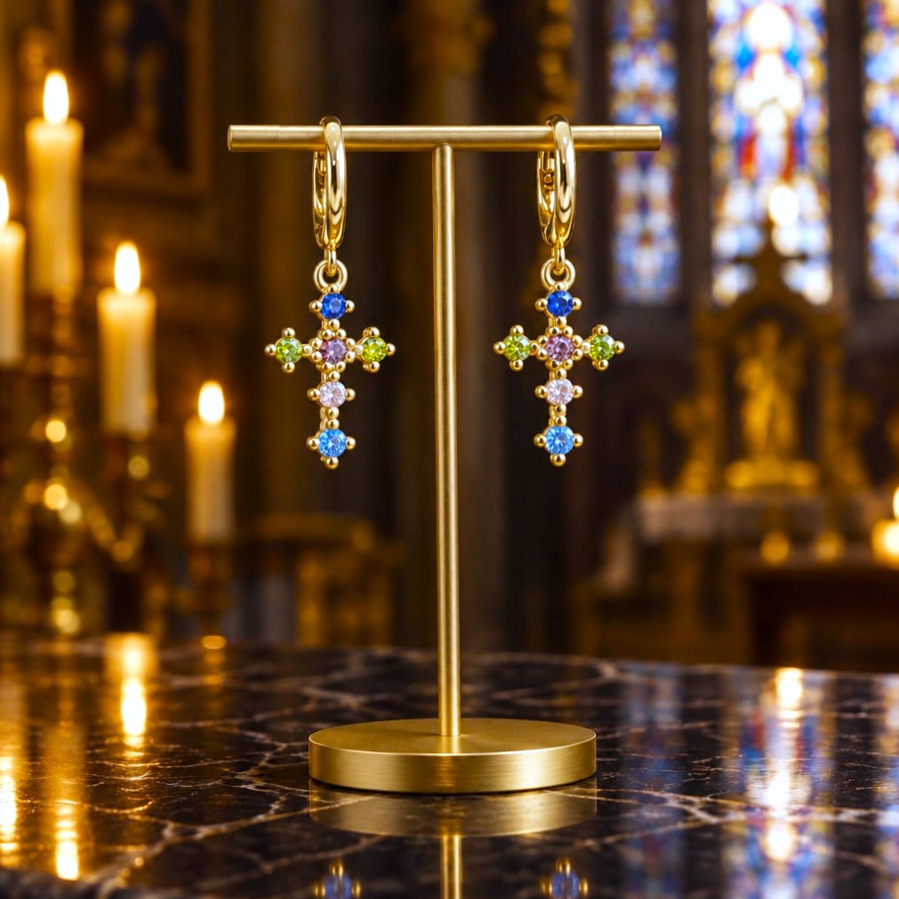 Boucles d'Oreilles Croix en Vermeil & Cristaux Multicolores
