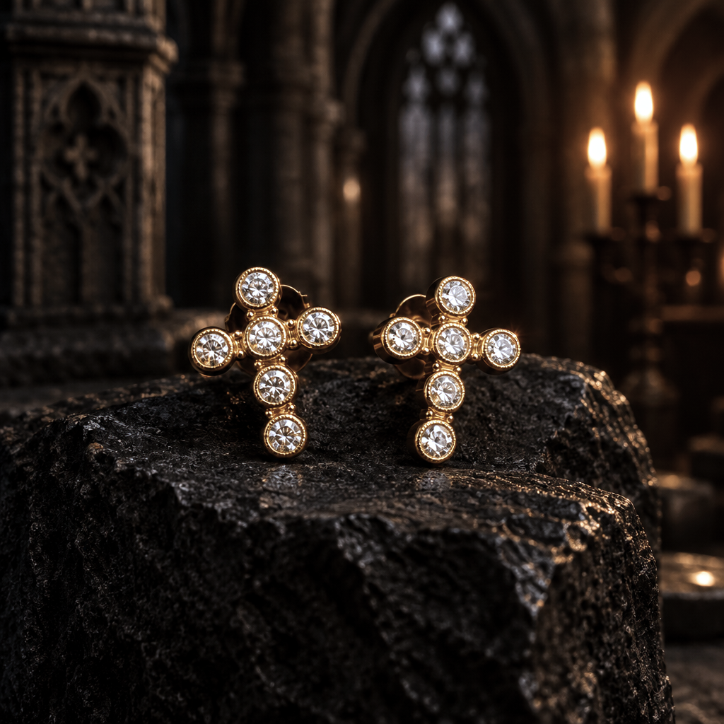 Boucles d'Oreilles Croix en Vermeil & Zircons Naturels – Éclat de Lumière