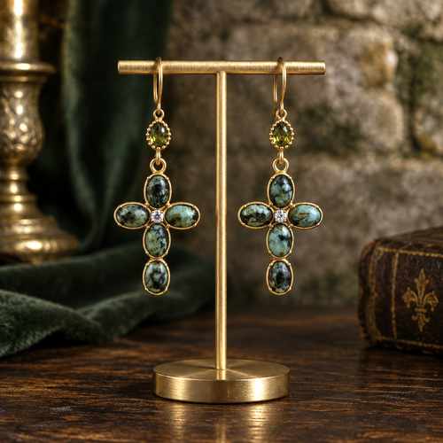 Boucles d'Oreilles Croix couleur Émeraude – Inox Doré et Résine Verte