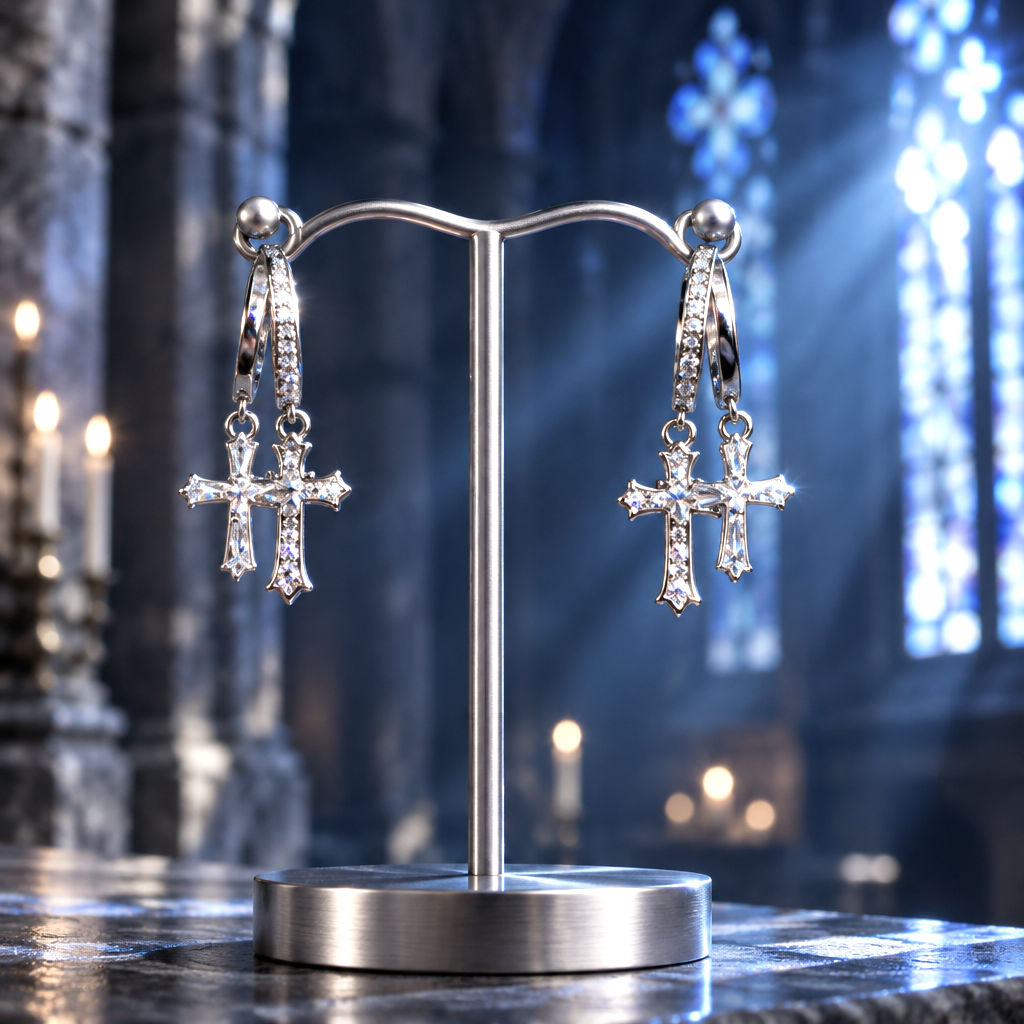 Boucles d'Oreilles Doubles Croix scintillantes – Argent 925 et Zircons Naturels