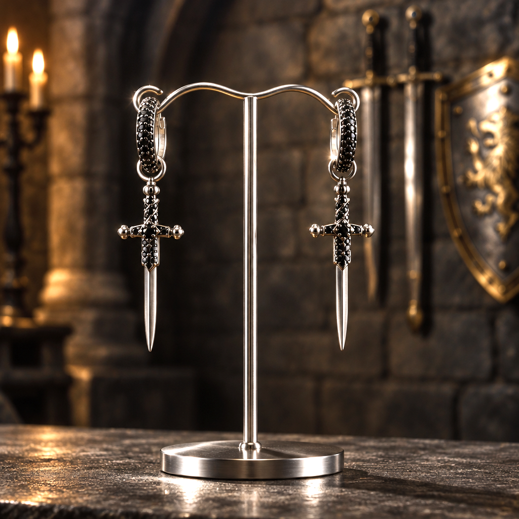 Boucles d'Oreilles Épées Médiévales – Argent et Onyx Noirs