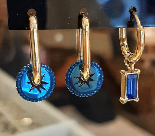 Jolies boucles d'oreilles en inox doré & bleu métal - Etoile du Berger - NEW