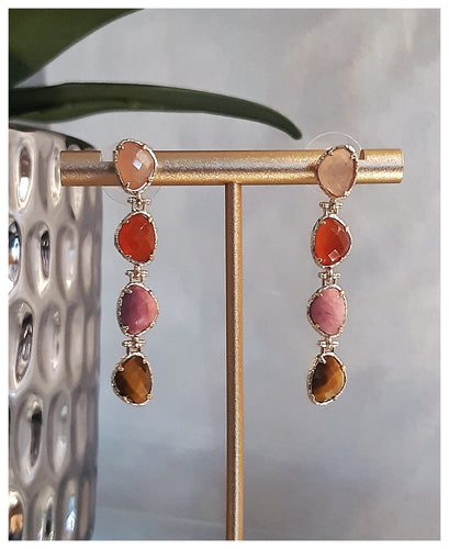 Très belles boucles d'oreilles longues en inox doré & pierres naturelles - Gamme Florentine - NEW