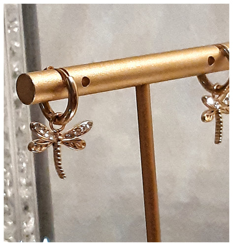 Boucles d'oreilles Libellules en inox doré & cristaux blancs  - NEW