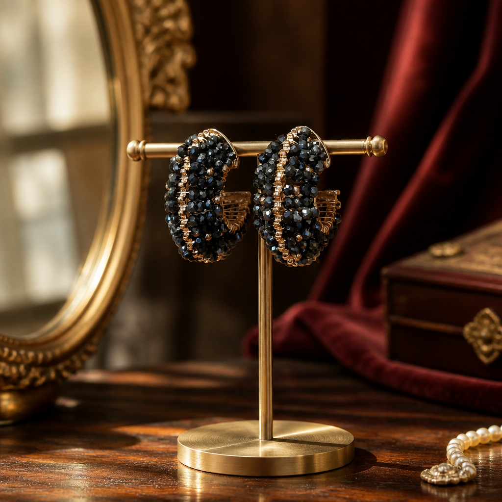 Boucles d'oreilles Anneaux Bleu Nuit - Inox Doré & Résine facettée
