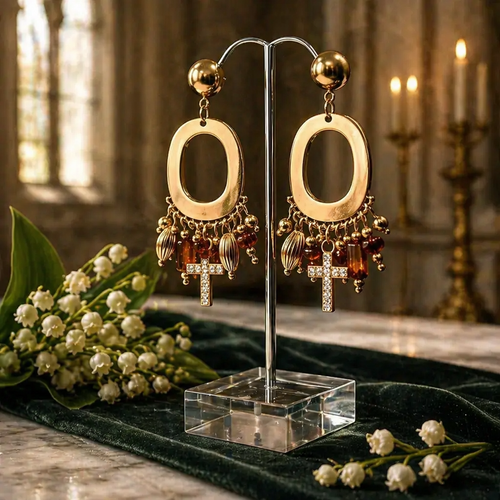 Boucles d'oreilles baroques en inox doré avec croix cristaux - NEW