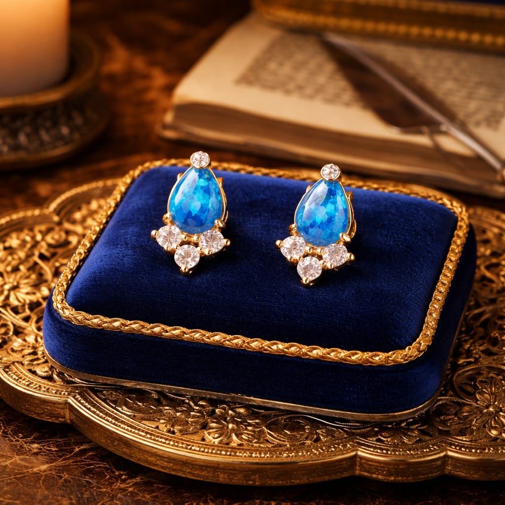 Superbes boucles d'oreilles en vermeil et opales bleues arc-en-ciel - NEW