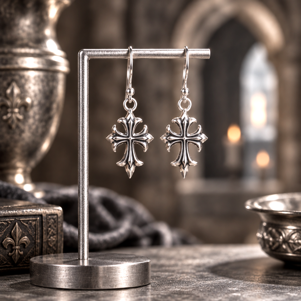 Boucles d'Oreilles Croix Fleur de Lys en Argent 925 – Inspiration Médiévale