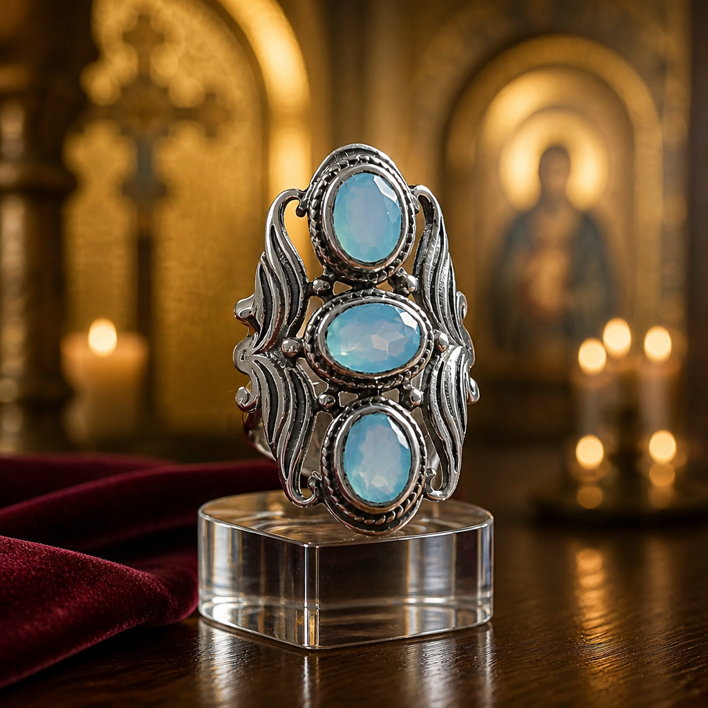 Bague byzantine en argent 925 sertie de 3 calcédoines pures  - NEW