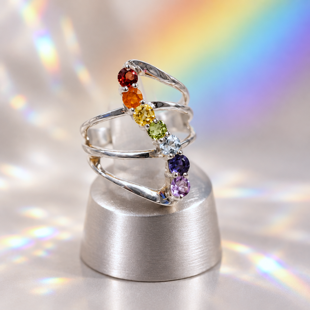 Bague Arc-en-Ciel – Argent 925 et Sept Pierres Naturelles