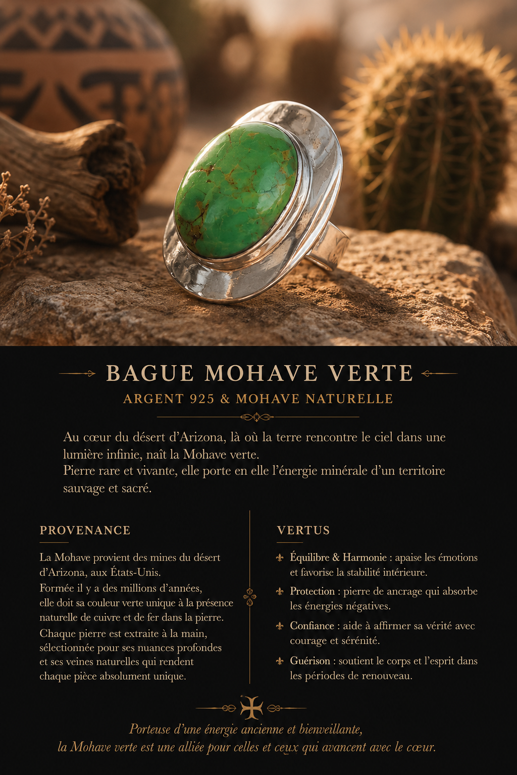 Bague en argent épurée - cabochon de superbe Mohave verte - Arizona