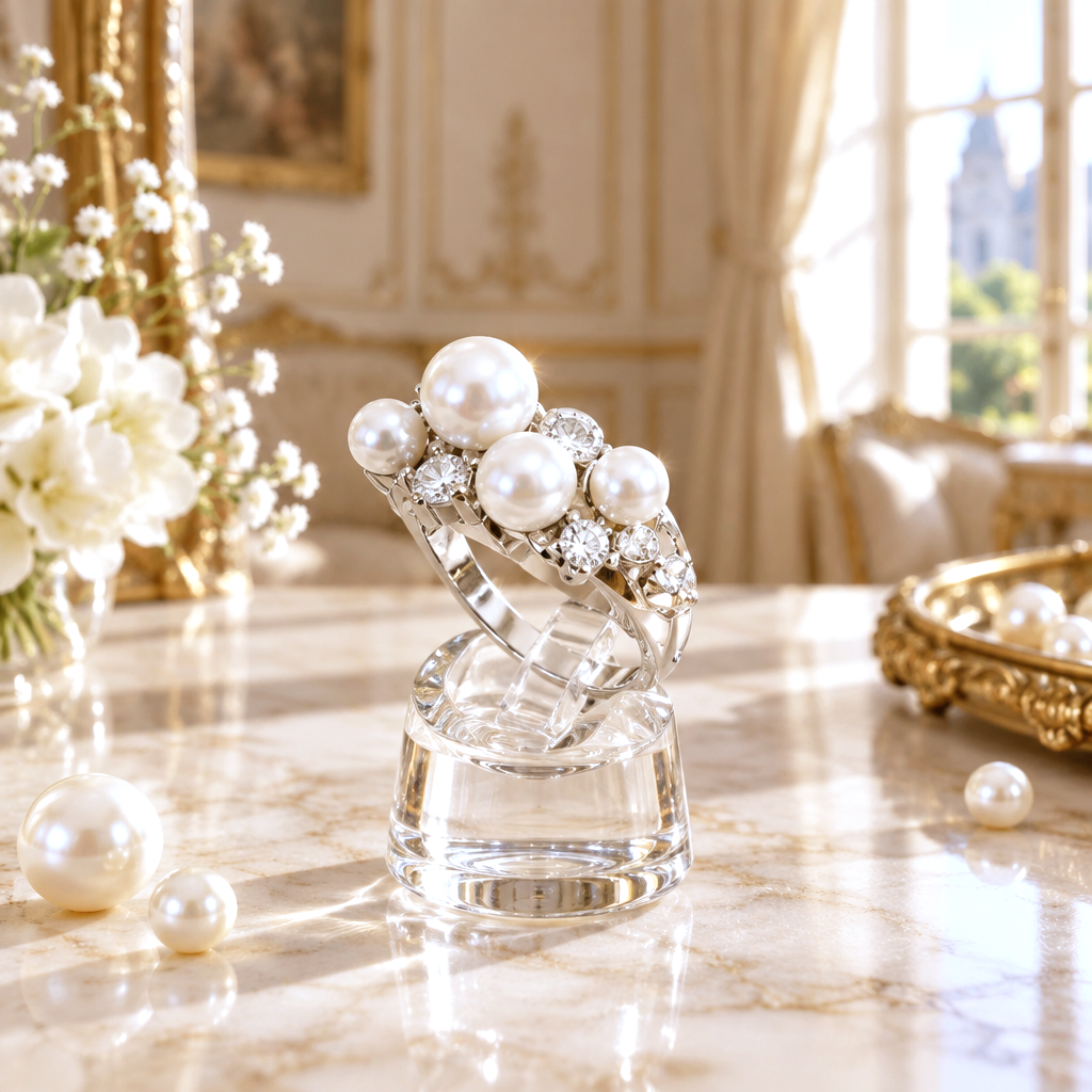 Bague ornée de Perles en Argent, Perles et Zircons